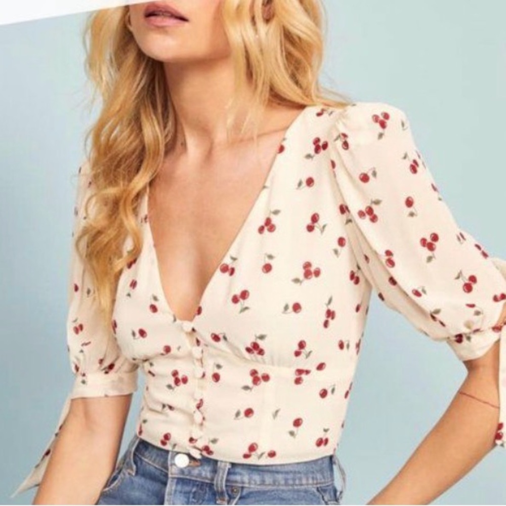 Reformation Ani Cream Cherry-Print V-Neck Button Blouse